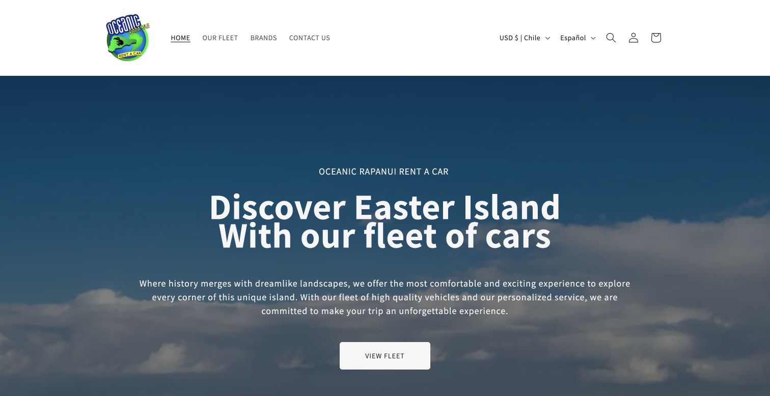Página de inicio de Oceanic Rent a Car para arriendo de vehículos en Rapa Nui